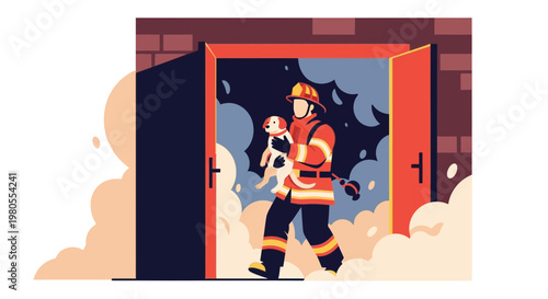 Heroic Firefighter Rescuing a Dog from a Burning Building