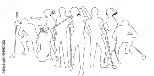 Silhouette golf player set. Active golfers golfing sports people healthy players fitness silhouettes concept.