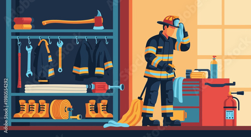 Firefighter Maintaining Equipment in Station Flat Vector Illustration