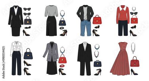 Collection of eight different fashion outfit sets for men and women include professional suits, dresses, and casual wear with accessories.