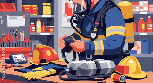 Fireman Checking Safety Equipment in Storage Room Illustration
