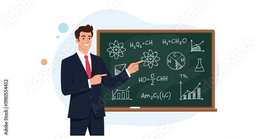 Teacher in a suit points to complex chemical formulas and mathematical graphs on a green chalkboard during a classroom lecture today.
