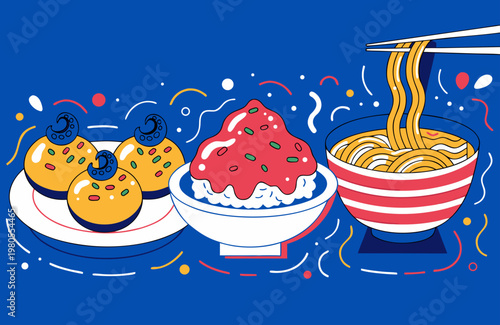 Featuring Japanese Street Food Icons Takoyaki Sushi Rame Dynamic Professional Photo