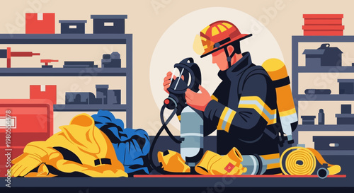 Firefighter Preparing Breathing Apparatus and Rescue Gear