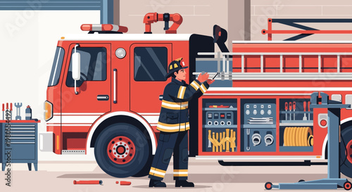 Firefighter inspecting equipment on a fire truck in the station