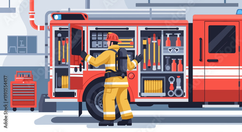 Firefighter in Yellow Protective Gear Inspecting Red Fire Truck