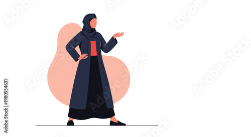 Woman wearing a stylish black hijab and abaya poses elegantly against a simple peach-colored abstract background in this photo.