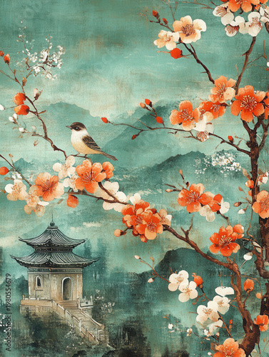 Vintage painting bird blossom flower branch pagoda mountain landscape oriental turquoise vintage painting bird among blossom branch near pagoda over mountain landscape oriental style