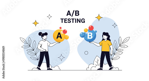 Business concept illustration of two women conducting an A/B test by comparing two different options labeled with letters A and B.