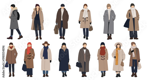 Set of diverse men and women characters wearing various stylish autumn and winter outfits like long coats, hats, and scarves.
