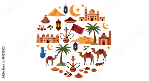 Circular emblem featuring various Moroccan symbols like mosques, camels, tajines, and palm trees representing Arabian culture.