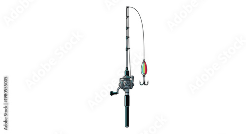 Detailed illustration of a professional fishing rod with a reel and a colorful spinner lure attached to the sharp metal hook.