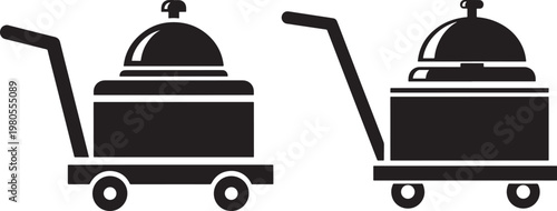 Hotel service bell and luggage cart icon for hospitality and guest assistance with check in check out tourism industry vacation planning hospitality accommodation transport suitcase assistance