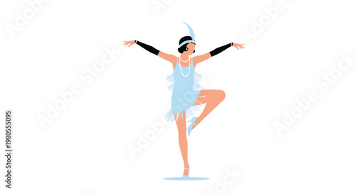 Energetic flapper girl in a light blue fringe dress and headband performing a classic nineteen-twenties dance move in silhouette.