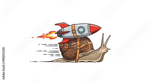 Humorous illustration of a slow snail moving at high speed with a large rocket booster strapped to its back with leather belts.