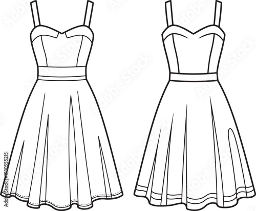 Line art illustration of two vintage style midi dresses with sweetheart necklines and full skirts fashion design blueprint for women's clothing sweetheart neckline midi dress full skirt clothing