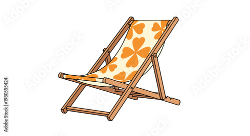 Wooden folding deck chair with a light colored fabric featuring large orange four leaf clover patterns for outdoor lounging.