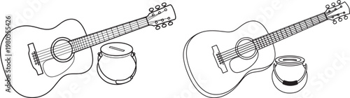 Detailed line art illustration of two acoustic guitars with a small accompanying accessory musical instrument drawing from side angle view for hobbyists sound hole leisure activity sound equipment