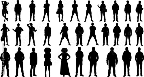 Vector silhouettes man and women, illustration. Silhouettes of young people posing in casual clothes. Transparent background EPS version.