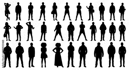 Vector silhouettes man and women, illustration. Silhouettes of young people posing in casual clothes. Transparent background SVG version.