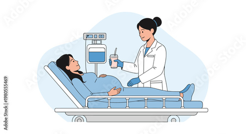 Caring doctor or nurse attending to a pregnant woman lying in a hospital bed with an intravenous drip and medical health monitor.