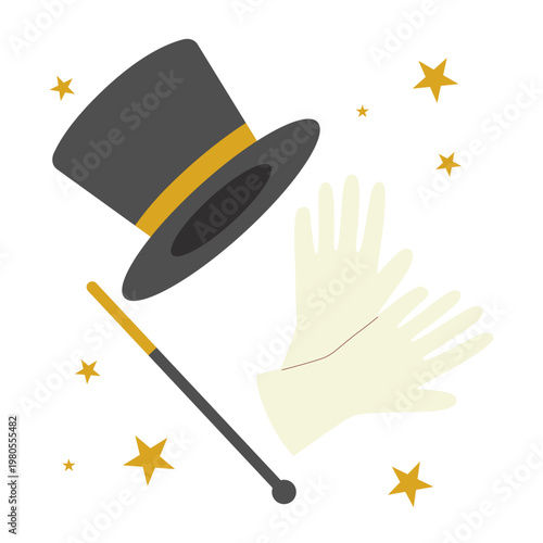 Professional magic tricks set featuring black top hat magician wand and white gloves with stars. Flat vector illustration for circus show illusionist performance or party design.