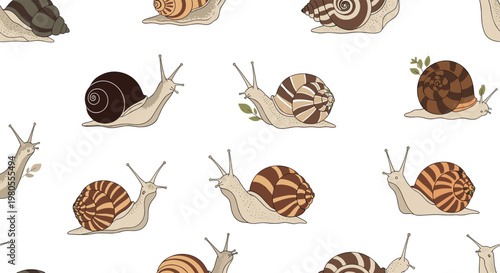 Seamless pattern of many small snails with different brown striped shells crawling in various directions on a white background.