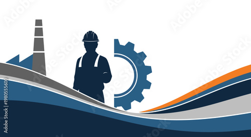 Industrial manufacturing and engineering sector with a silhouette of a worker and factory elements
