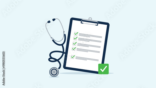 Medical clipboard with a checklist of green tick marks next to a professional stethoscope, representing a clean bill of health.