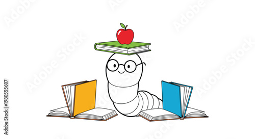 Whimsical illustration of a cute white bookworm wearing black glasses with an apple on its head and several open books around.