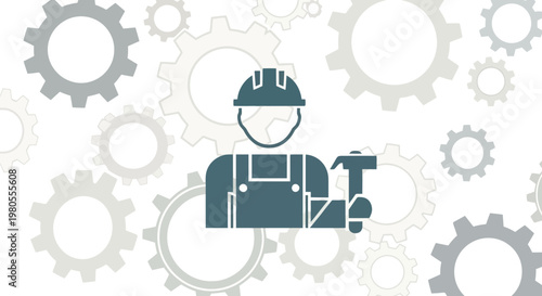 Construction worker holding a hammer against a backdrop of gears, representing industry and labor