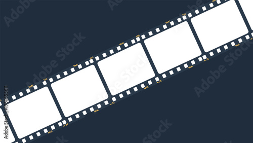 Long diagonal strip of white movie film frames against a dark blue background, suitable for various cinema and media-themed designs.