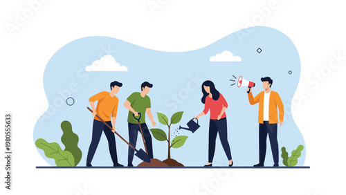 Active group of people working together to plant a tree in a park while one person directs with a megaphone to promote teamwork.