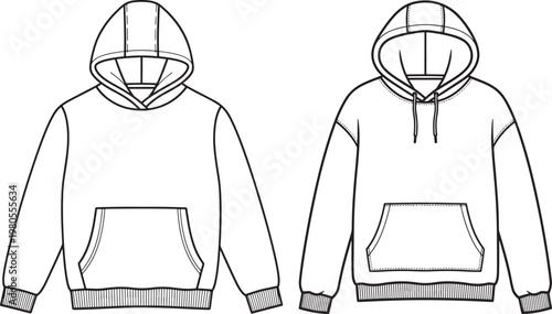 Line art illustration of two hoodies with pouch pockets and drawstrings front view mock up casual wear white background long sleeve fashion template pullover sweatshirt clothing illustration