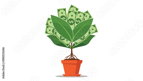 Financial growth concept featuring a healthy green money tree with dollar bill leaves growing inside a clay pot in a white space.