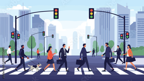 Busy city street scene with many pedestrians crossing a crosswalk under traffic lights between tall modern skyscrapers.
