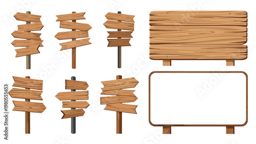 Various types of wooden signs pointers and directional boards with different shapes and wood grain textures on a plain white background.
