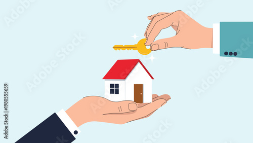 Hand of a businessman giving a golden key to another hand holding a small white house, representing a successful real estate deal.