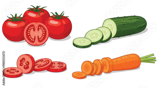 Freshly sliced and whole vegetables including red tomatoes green cucumbers and an orange carrot arranged on a white background.