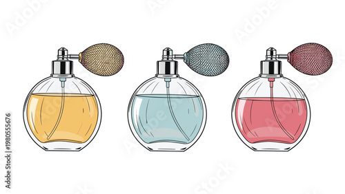 Set of three elegant round glass perfume bottles with colored liquid and atomizers for luxury fragrance and beauty products.