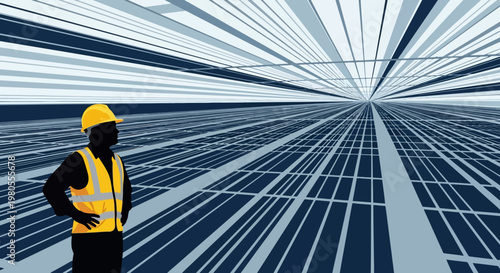 Construction worker overseeing a futuristic grid-like structure with a sense of scale and depth