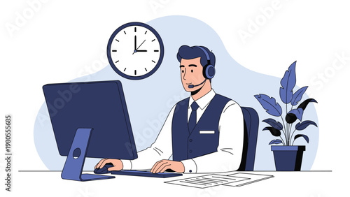 Professional male call center agent wearing a headset while working on a computer at his office desk during business hours at 3 pm.