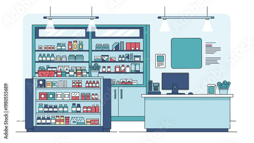 Interior view of a clean modern pharmacy or clinic with medicine bottles on shelves and a professional reception desk with computer.