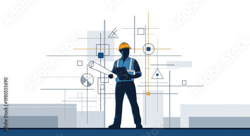 Concept of a skilled engineer or architect overseeing an innovative construction project, showcasing advanced planning and design technology for modern urban development