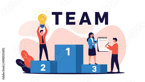 Team business concept showing three people on a podium with numbers one two and three under a large glowing lightbulb idea.
