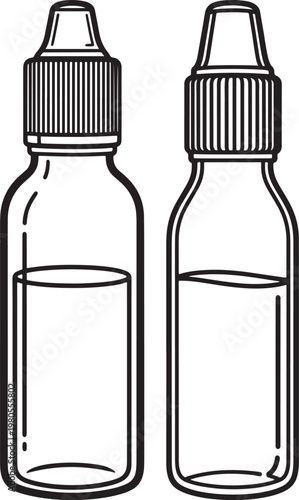 Line art illustration of two small dropper bottles with screw caps and liquid inside front view dropper bottle essential oil screw cap black and white background container medicine
