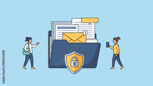 Secure digital file folder with a golden shield and padlock icon being accessed by two women using mobile phones and tablets.