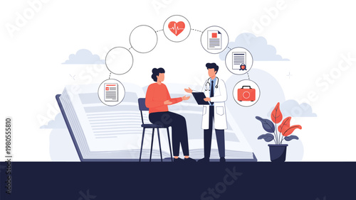 Professional medical consultation scene showing a doctor in a white coat talking to a patient with various health icons around.