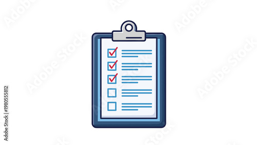 Blue clipboard holding a paper with a marked checklist and four red check marks for organization task management and completion.