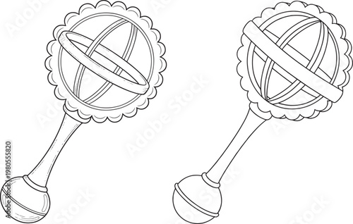 Line art illustration of two baby rattles with circular designs and handles front view baby rattle black and white background children s toy musical toy early learning baby accessories
